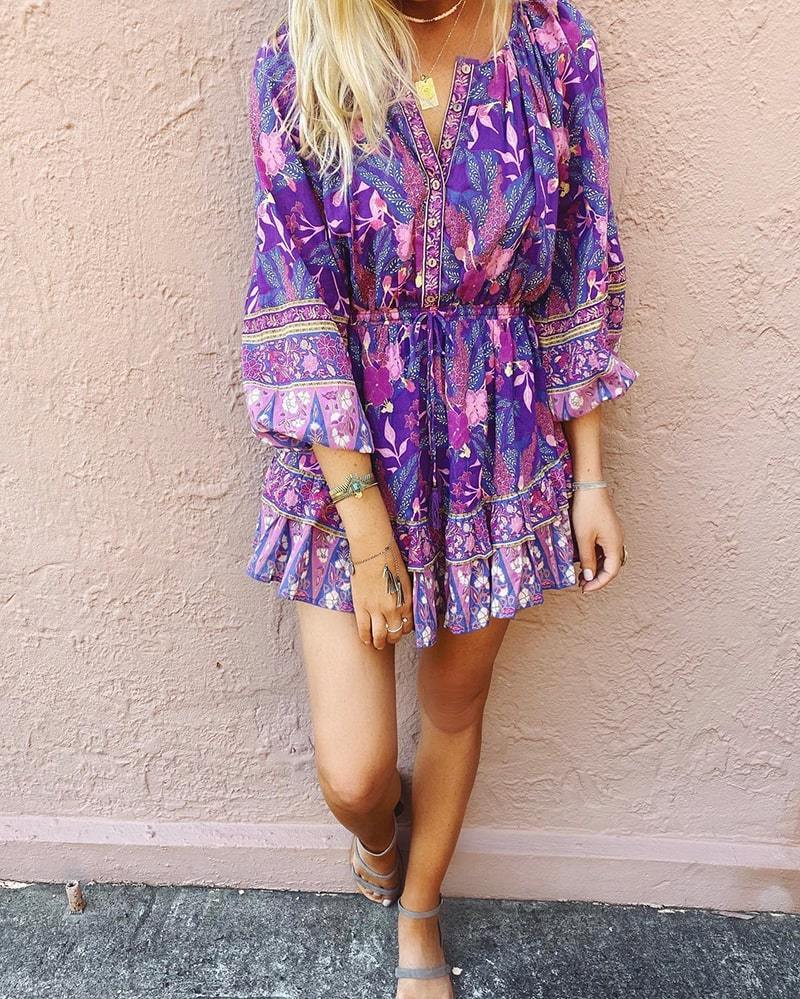 JuliaFashion-Gypsy Soul Purple Long Sleeve Mini Dress