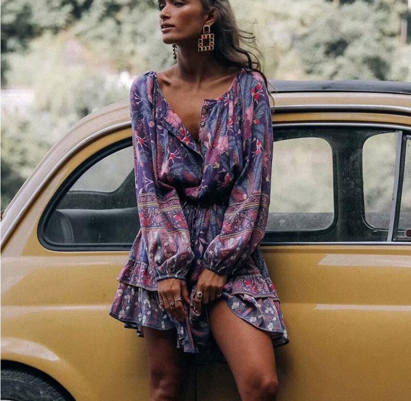 JuliaFashion-Gypsy Soul Purple Long Sleeve Mini Dress