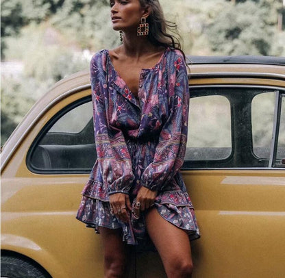 JuliaFashion-Gypsy Soul Purple Long Sleeve Mini Dress