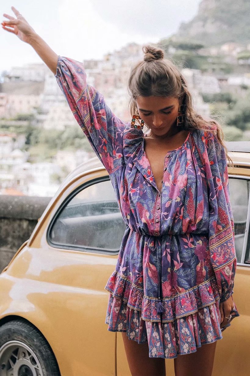 JuliaFashion-Gypsy Soul Purple Long Sleeve Mini Dress