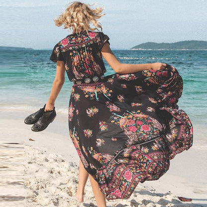 JuliaFashion-Gypsy Style Black Beach Maxi Dress