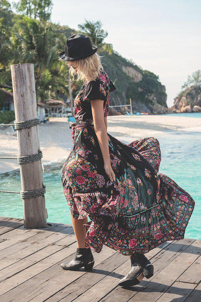 JuliaFashion-Gypsy Style Black Beach Maxi Dress