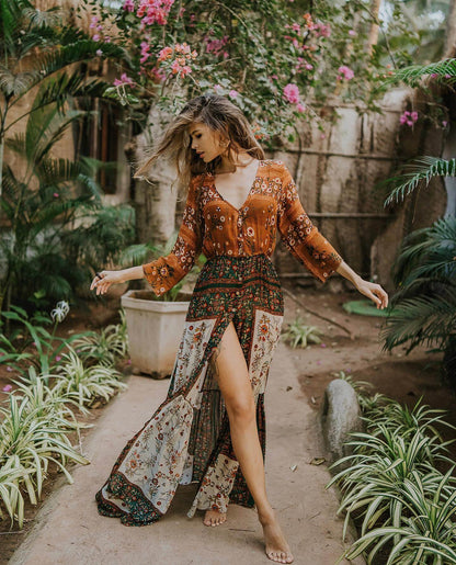 JuliaFashion-Gypsy Style Boho Deep Split Maxi Dress