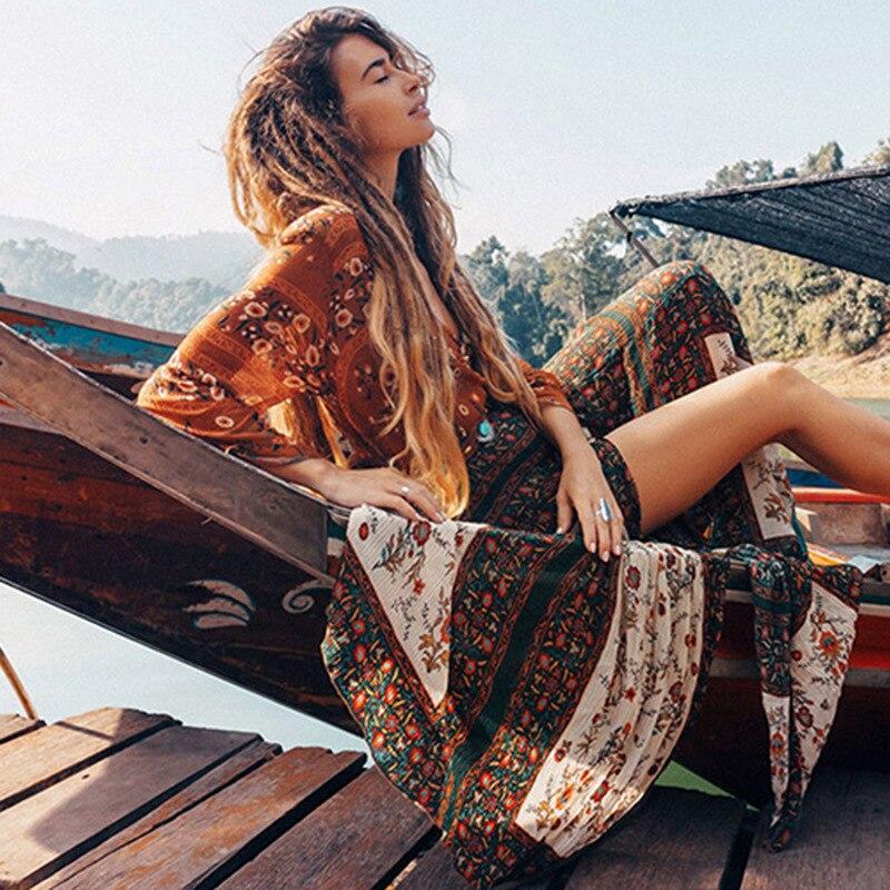 JuliaFashion-Gypsy Style Boho Deep Split Maxi Dress