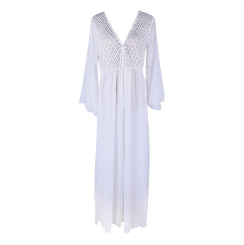 JuliaFashion-Long Flare Sleeve V-Neck White Hollow Lace Maxi Dress