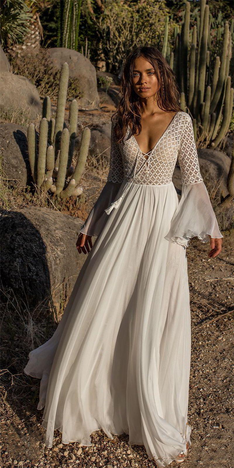 JuliaFashion-Long Flare Sleeve V-Neck White Hollow Lace Maxi Dress