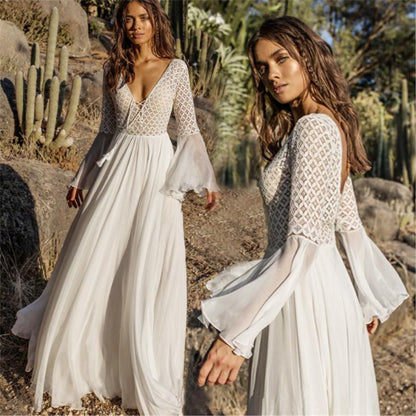 JuliaFashion-Long Flare Sleeve V-Neck White Hollow Lace Maxi Dress