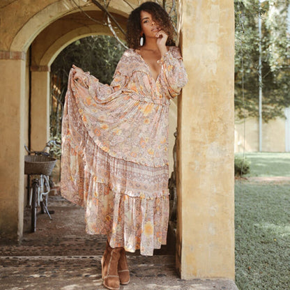 JuliaFashion-Pinkish Orange Loose Long Sleeve Bohemian Dress