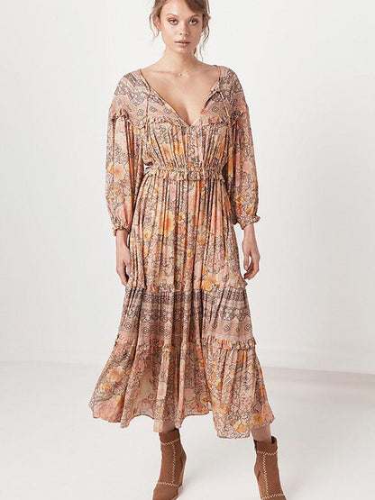 JuliaFashion-Pinkish Orange Loose Long Sleeve Bohemian Dress