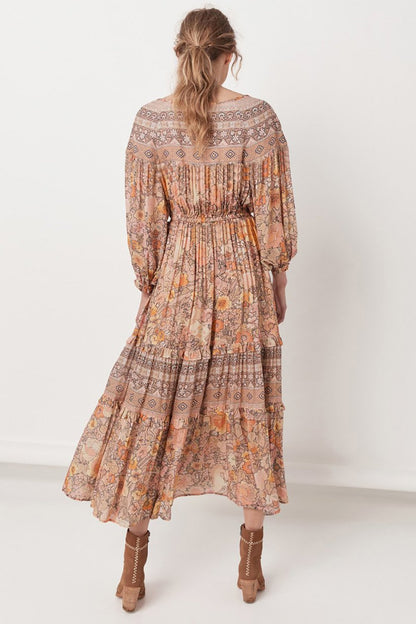 JuliaFashion-Pinkish Orange Loose Long Sleeve Bohemian Dress