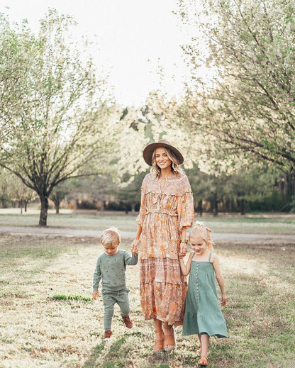 JuliaFashion-Pinkish Orange Loose Long Sleeve Bohemian Dress