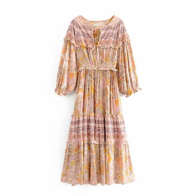 JuliaFashion-Pinkish Orange Loose Long Sleeve Bohemian Dress