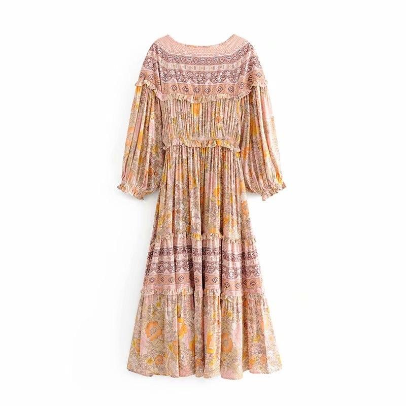 JuliaFashion-Pinkish Orange Loose Long Sleeve Bohemian Dress