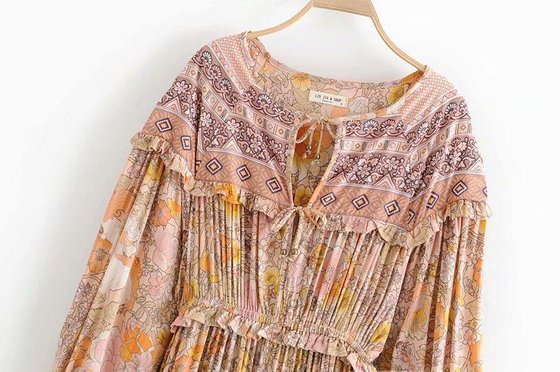 JuliaFashion-Pinkish Orange Loose Long Sleeve Bohemian Dress