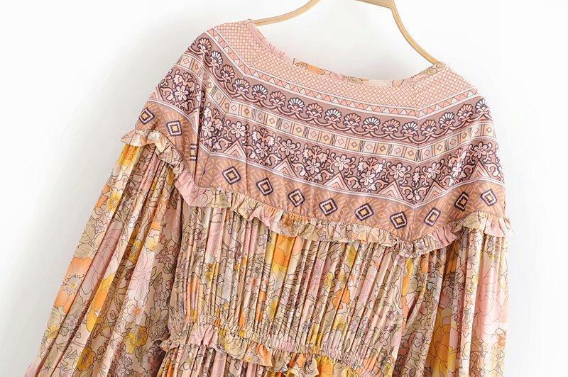 JuliaFashion-Pinkish Orange Loose Long Sleeve Bohemian Dress