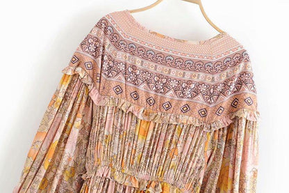 JuliaFashion-Pinkish Orange Loose Long Sleeve Bohemian Dress