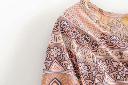 JuliaFashion-Pinkish Orange Loose Long Sleeve Bohemian Dress