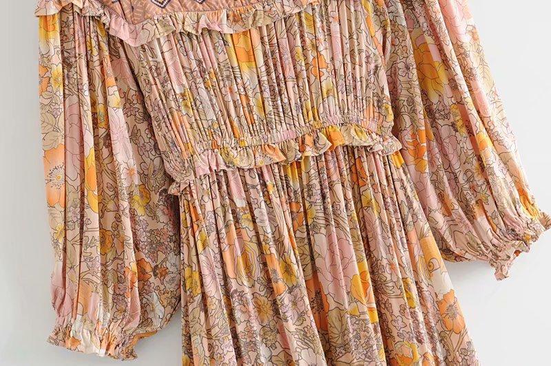 JuliaFashion-Pinkish Orange Loose Long Sleeve Bohemian Dress