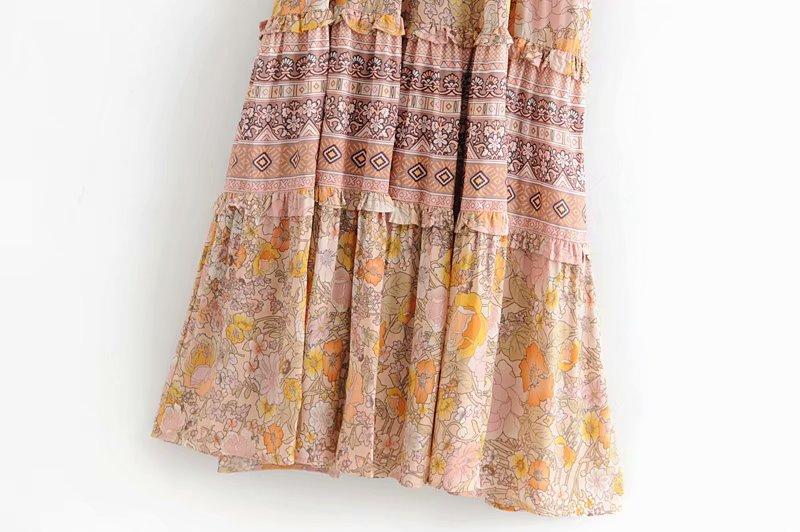 JuliaFashion-Pinkish Orange Loose Long Sleeve Bohemian Dress