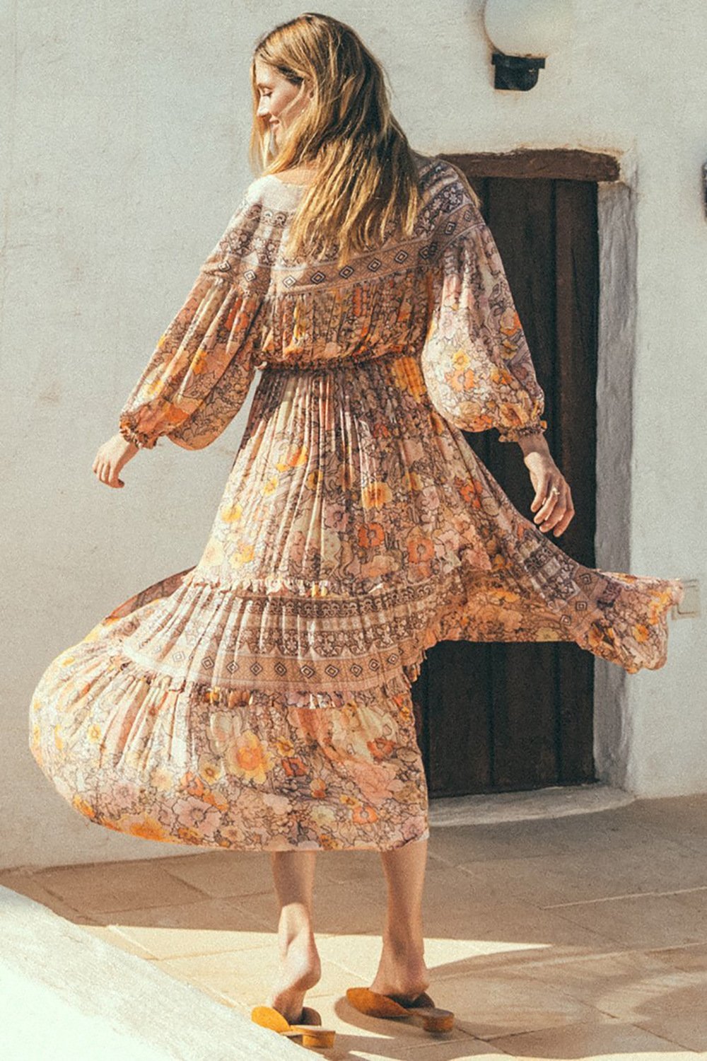 JuliaFashion-Pinkish Orange Loose Long Sleeve Bohemian Dress