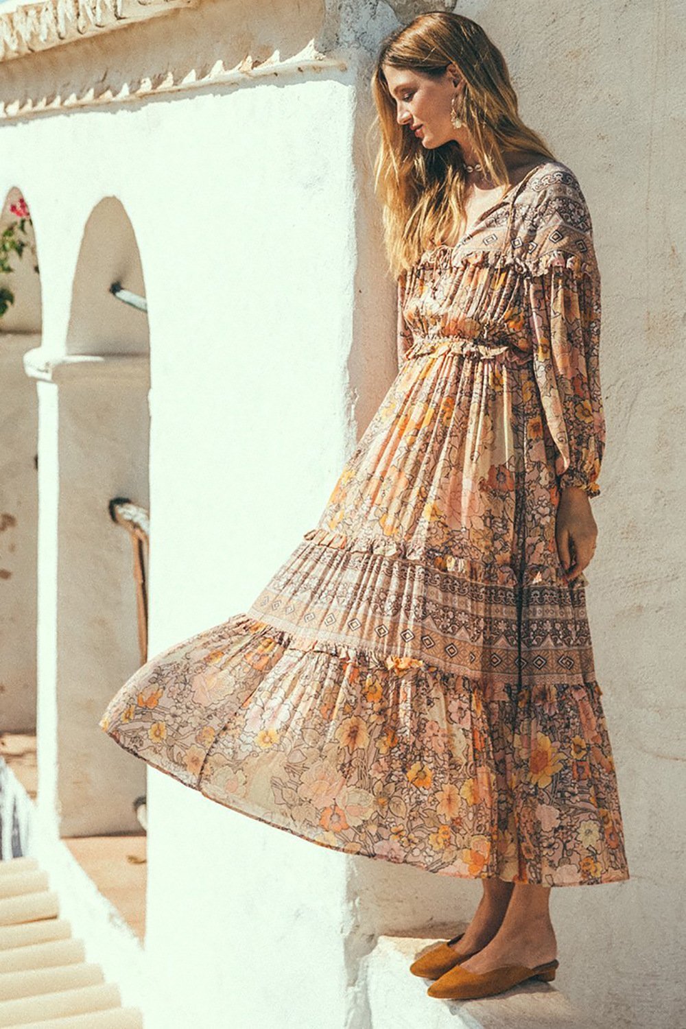 JuliaFashion-Pinkish Orange Loose Long Sleeve Bohemian Dress