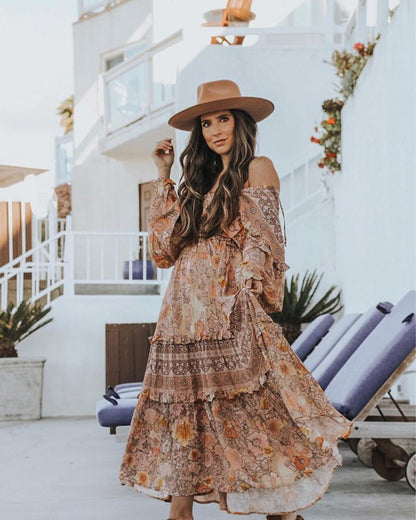 JuliaFashion-Pinkish Orange Loose Long Sleeve Bohemian Dress