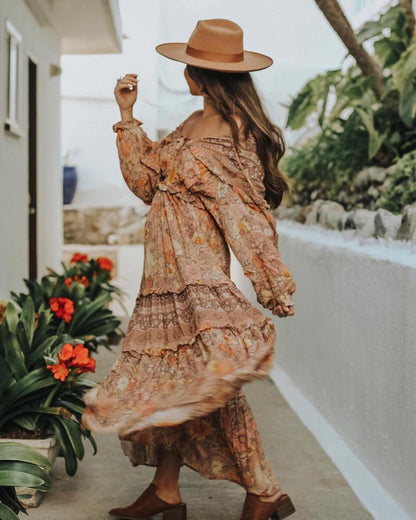 JuliaFashion-Pinkish Orange Loose Long Sleeve Bohemian Dress