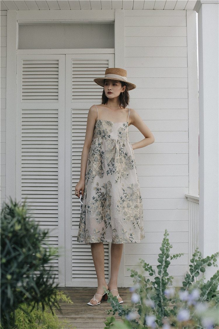 JuliaFashion-Bohemian Beige Floral Midi Dress