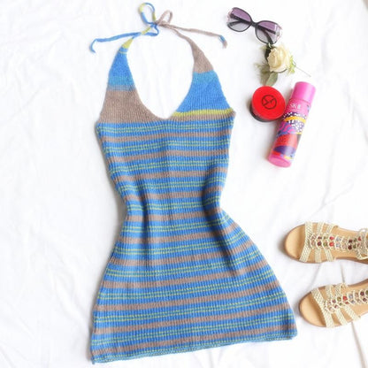 JuliaFashion-Boho Halter Knitted Mini Dress