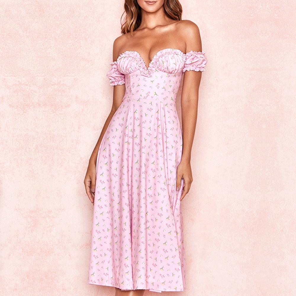 JuliaFashion-Pink Soft Girl Off Shoulder Midi Dress