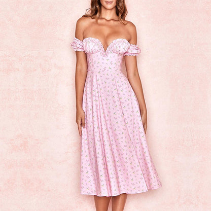 JuliaFashion-Pink Soft Girl Off Shoulder Midi Dress