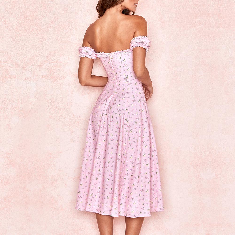 JuliaFashion-Pink Soft Girl Off Shoulder Midi Dress