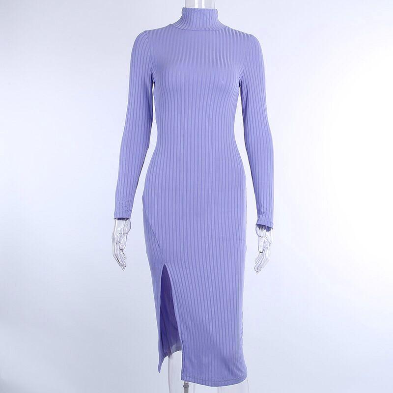 JuliaFashion - 2024Ribbed Knitted Turtleneck Long Sleeve Dress