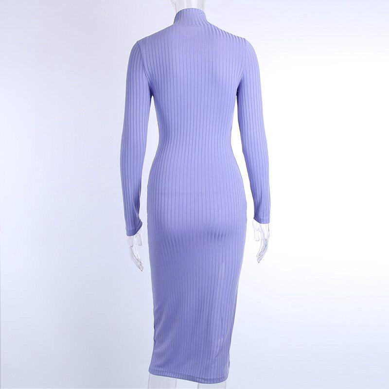 JuliaFashion - 2024Ribbed Knitted Turtleneck Long Sleeve Dress