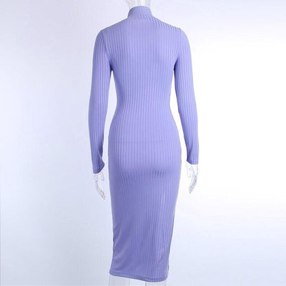 JuliaFashion - 2024Ribbed Knitted Turtleneck Long Sleeve Dress