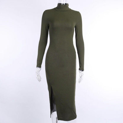 JuliaFashion - 2024Ribbed Knitted Turtleneck Long Sleeve Dress