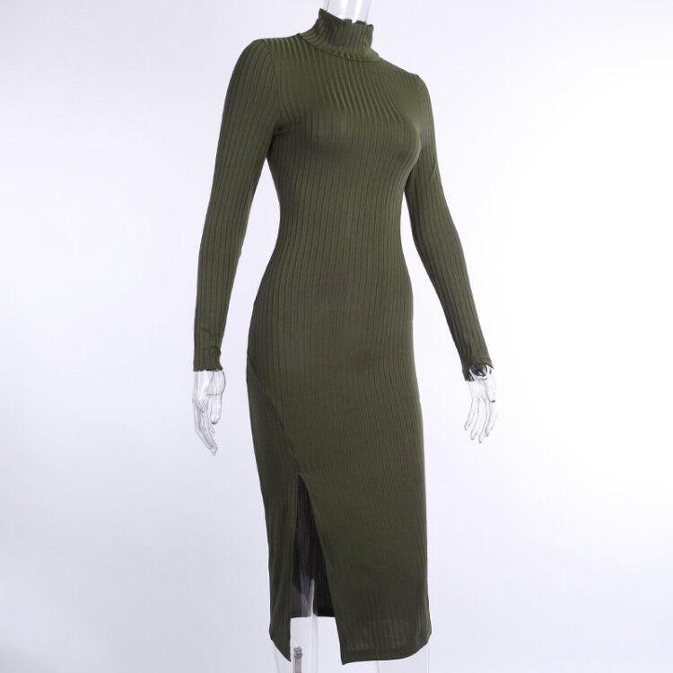 JuliaFashion - 2024Ribbed Knitted Turtleneck Long Sleeve Dress