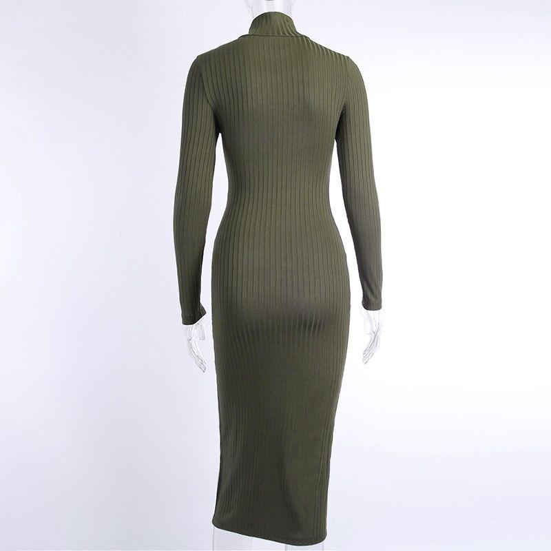 JuliaFashion - 2024Ribbed Knitted Turtleneck Long Sleeve Dress