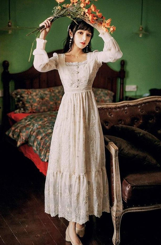 JuliaFashion-Cottagecore Square Collar Vintage Midi Dress