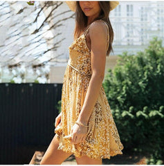 JuliaFashion - Yellow Flower Print V-Neck A-Line Dress