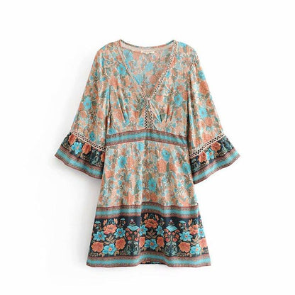 JuliaFashion-Mint Gypsy Long Flare Sleeve Mini Dress