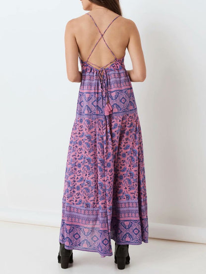 JuliaFashion - 2024 Purple Lace Up Backless Maxi Dress