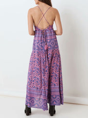 JuliaFashion - Purple Lace Up Backless Maxi Dress