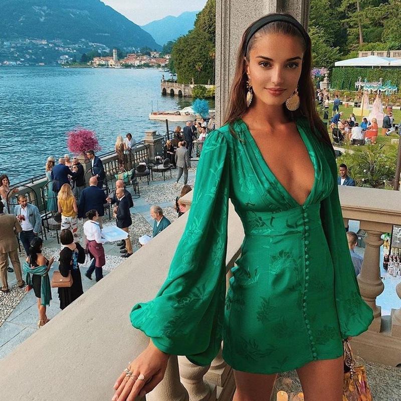 JuliaFashion - 2024 Sexy Lantern Sleeve Green Mini Dress