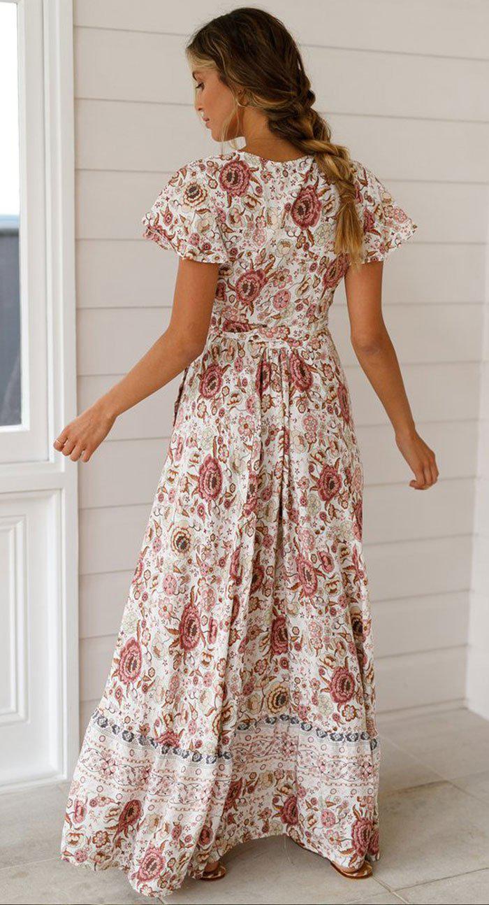 JuliaFashion - 2024 Short Sleeve Boho Floral High Split Maxi Dress