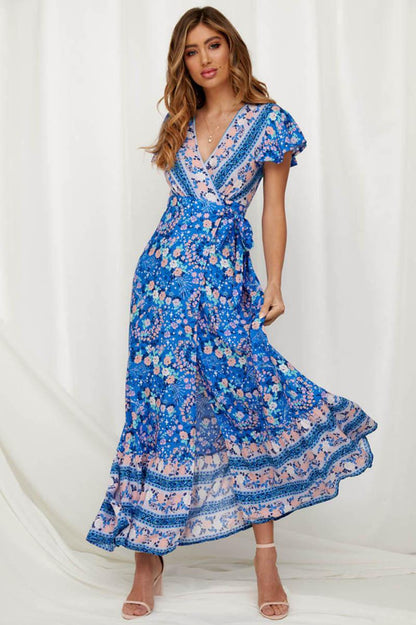 JuliaFashion - 2024 Short Sleeve Boho Floral High Split Maxi Dress