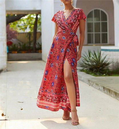 JuliaFashion - 2024 Short Sleeve Boho Floral High Split Maxi Dress