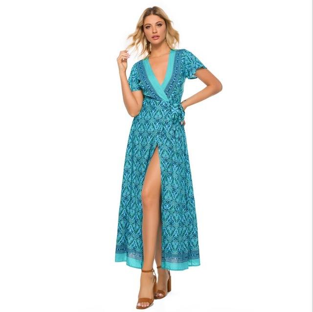 JuliaFashion - 2024 Short Sleeve Boho Floral High Split Maxi Dress