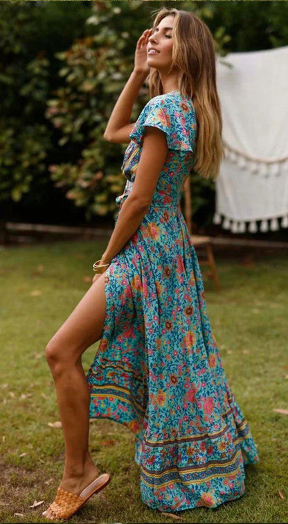 JuliaFashion - 2024 Short Sleeve Boho Floral High Split Maxi Dress