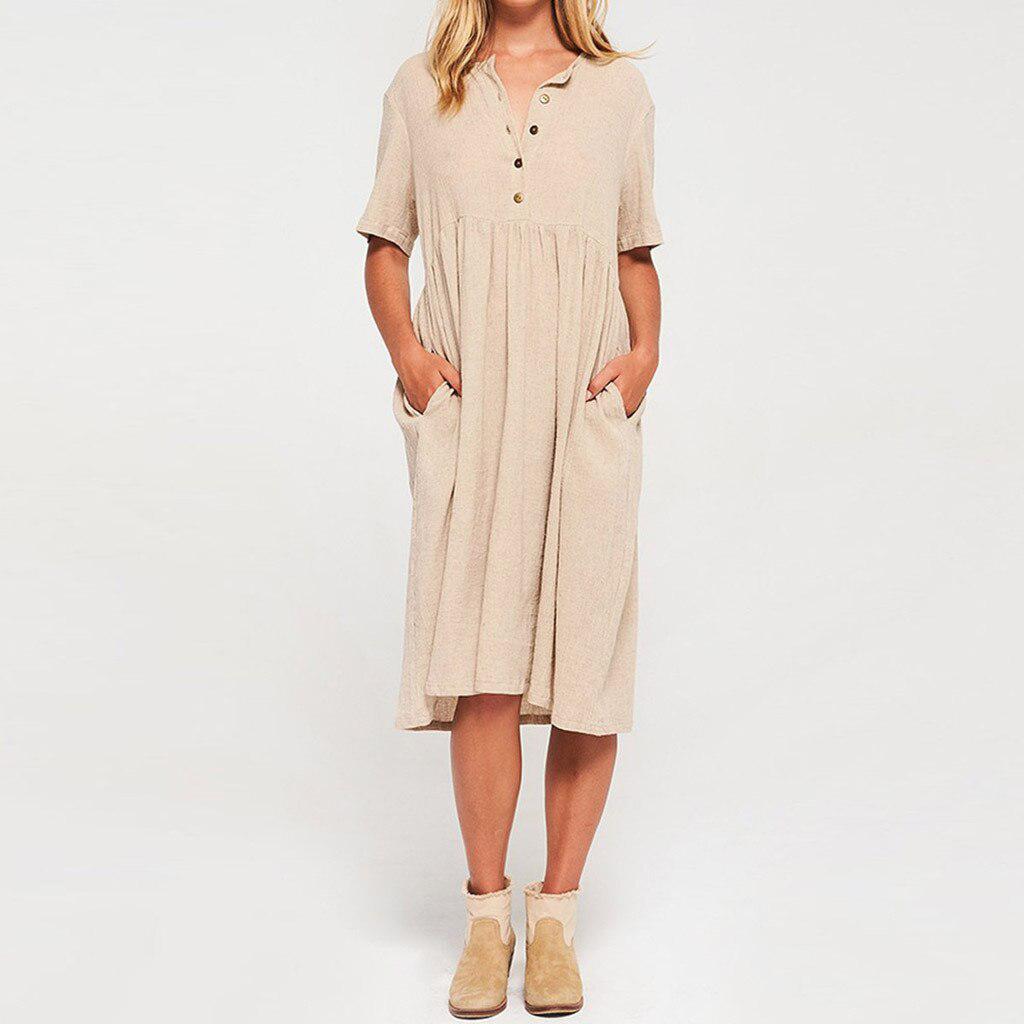 JuliaFashion - 2024 Short Sleeve Solid Midi Summer Dress